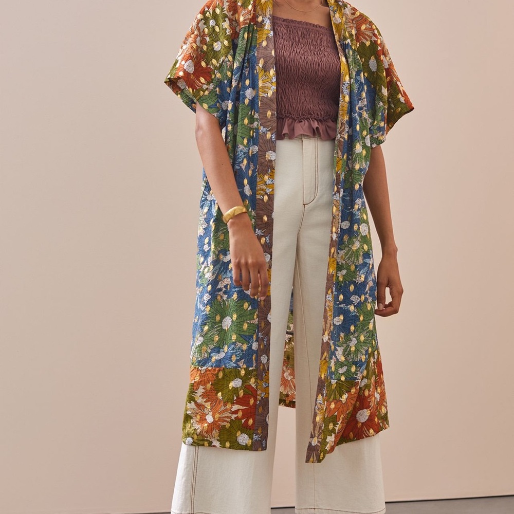 Anthropologie Current Air Green and Orange Floral Kimono